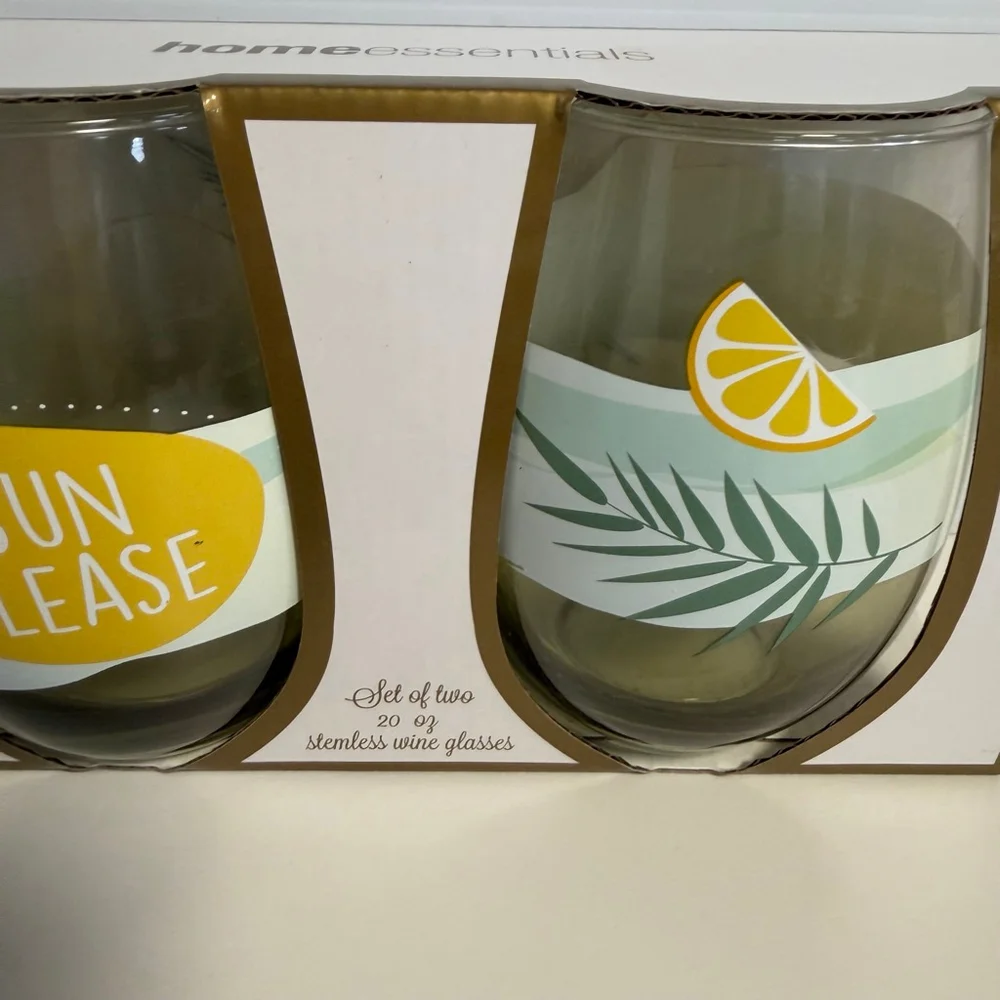 Home Essentials Stemless Wine Glasses Set of 2 Green Yellow NEW Lemon Sun Please